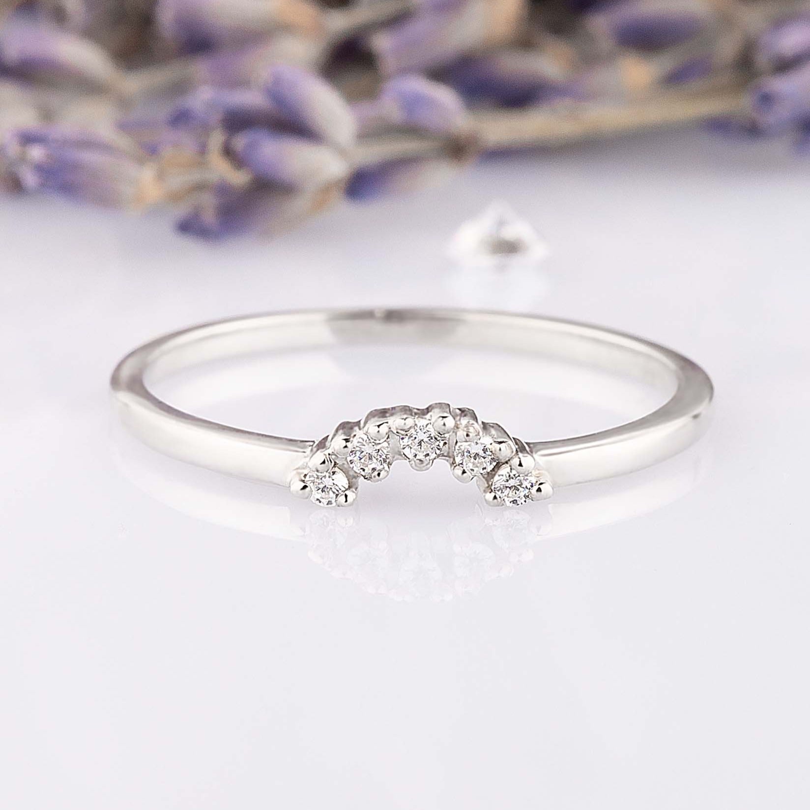Minimalist delicate 925 sterling silver curved CZ wedding band or