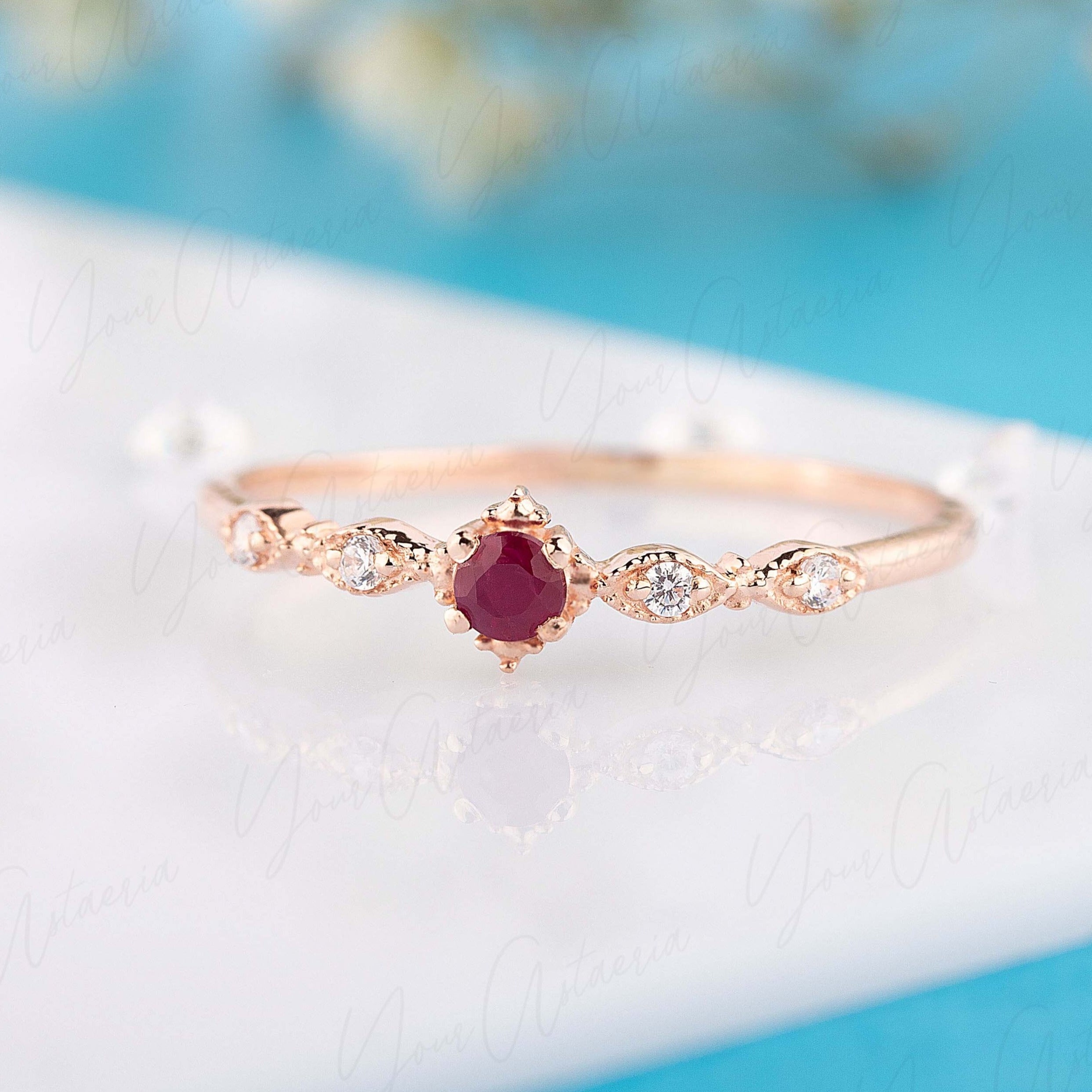 Dainty 14k rose gold ruby diamonds minimalist promise ring for