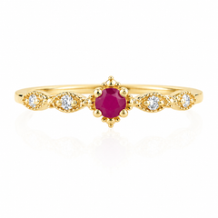 Zierlicher Art-déco-Verlobungsring aus 14 Karat Gelbgold mit Rubin und Diamanten für Damen