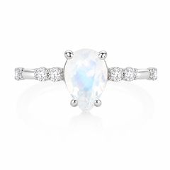Anillo de compromiso único de plata de ley 925 con circonitas y piedra lunar en forma de pera para mujer