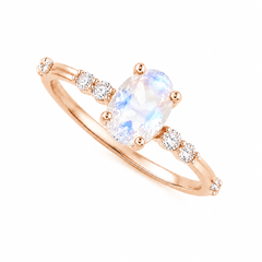 Dainty women 14k rose gold oval moonstone & diamonds engagement ring