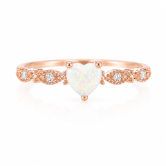 Anillo de promesa de oro rosa de 14k estilo art déco único con ópalo de corte corazón y diamante para ella