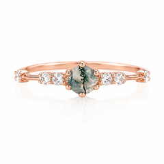 Minimalist 14k rose gold women green moss agate & diamond engagement ring