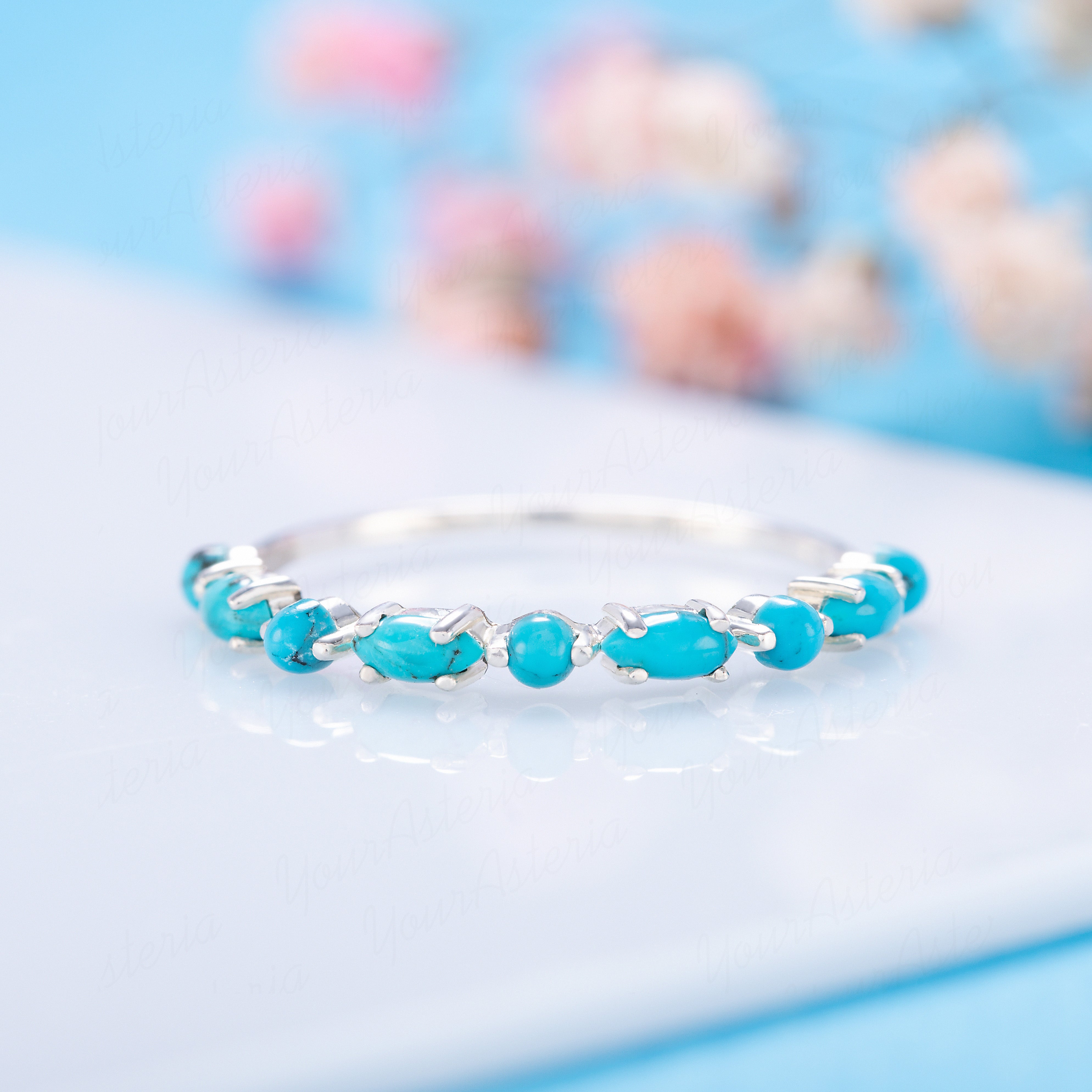 Minimalist 925 sterling silver women natural blue turquoise stacking w ...