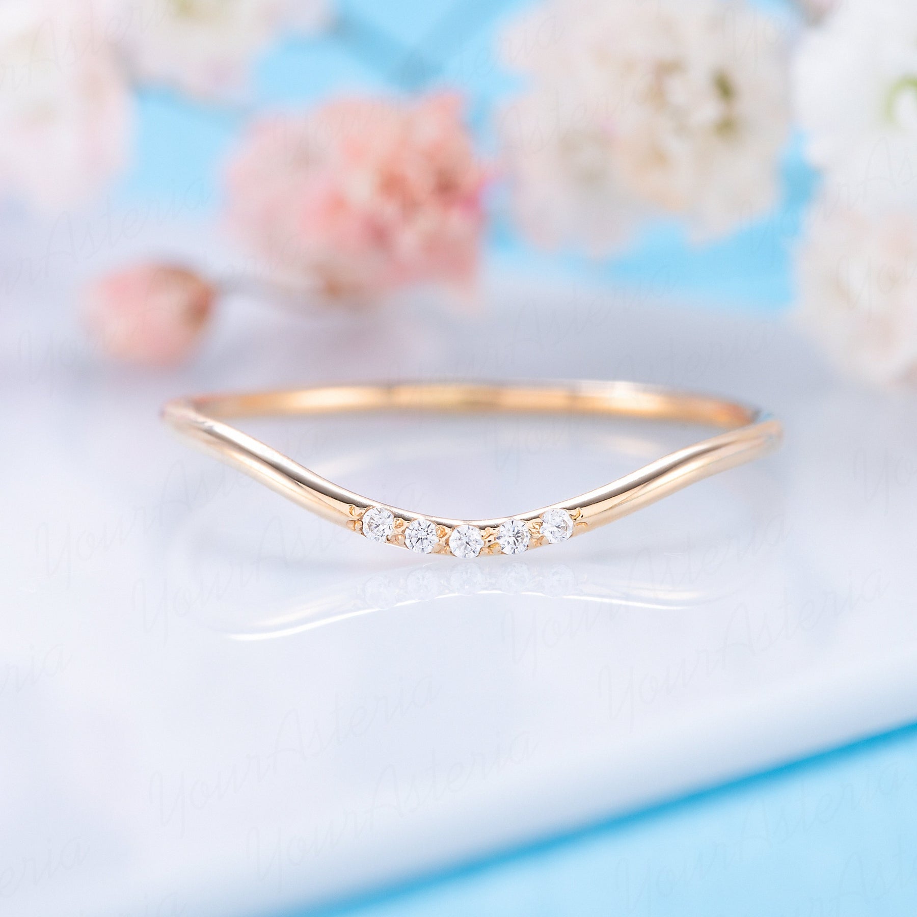 Small Diamond Stacking Rings Small delicate curved 14k yellow gold women diamond stacking ring ...