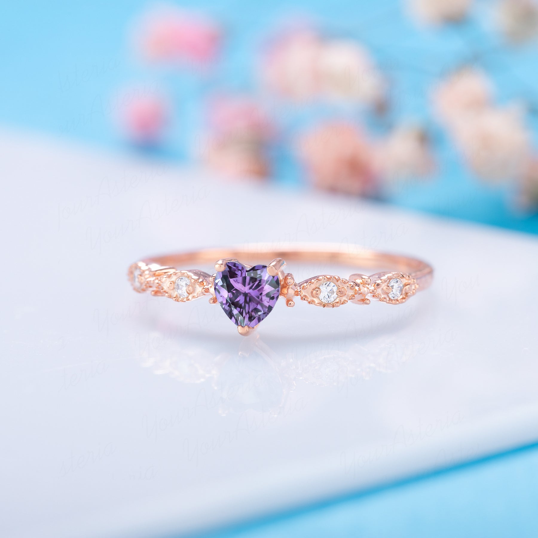 Dainty 14k rose gold heart alexandrite diamonds promise ring for