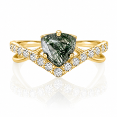 Dainty art deco style 14k yellow gold trillion cut natural moss agate & diamonds engagement ring for her