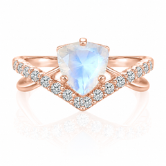 Unique 14k rose gold art deco style trillion cut blue moonstone & diamonds women  engagement ring