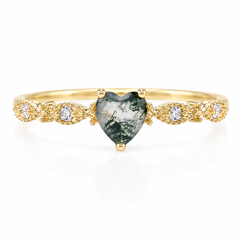 Anillo de compromiso único de oro amarillo de 14k, estilo Art Déco, con ágata musgosa natural tallada en forma de corazón y diamante para mujer