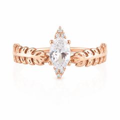 Anillo de compromiso de oro rosa de 14k con moissanita ovalada para mujer, delicado y elegante, con diseño de hojas
