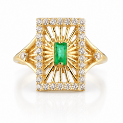 Einzigartiger Vintage-Art-Déco-Damenverlobungsring aus 14k Gelbgold mit Baguette-Smaragd und Diamanten