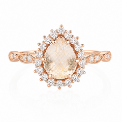 Einzigartiger Verlobungsring aus 14K Roségold mit tropfenförmigem Rutilquarz und Diamant-Halo für Frauen
