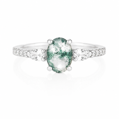 Dainty & elegant  925 sterling silver oval cut natural green moss agate engagement ring for women