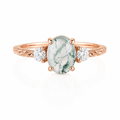 Einzigartiger, von der Natur inspirierter Damen-Verlobungsring aus 14 Karat Roségold mit drei Steinen: ovaler Moosachat und Diamanten, mit Blattband