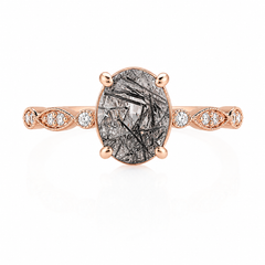 Anillo de compromiso único para mujer estilo art déco en oro rosa de 18k con cuarzo rutilado negro de talla ovalada de 1,4 ct y diamantes