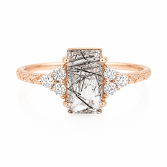 Naturinspirierter Verlobungsring aus 14 Karat Roségold mit Baguette-Rutilquarz und Diamanten, mit Blatt-Ringband