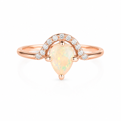 Delicado y elegante anillo de compromiso tipo halo para mujer de oro rosa de 14k con ópalo y diamantes