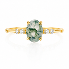 Einzigartiger zierlicher Damen-Verlobungsring aus 14k Gelbgold mit Moosachat & Diamanten