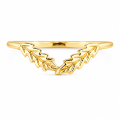 Dainty & elegant 14k yellow gold V shaped curved leaf women wedding band or stacking ring