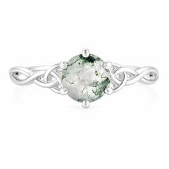Dainty Women 925 Sterling Silver Celtic Knot Solitaire Moss Agate Boho Engagement Ring