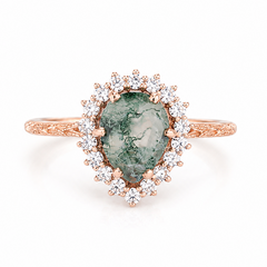 Nature inspired women unique 14k rose gold pear cut green moss agate & diamonds halo engagement ring with leaf band