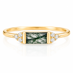 Unique 14k yellow gold baguette cut moss agate & diamond women engagement ring in 14k gold