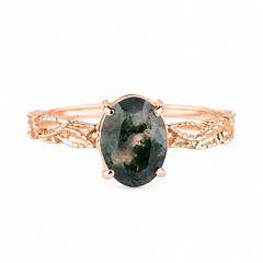 Anillo de compromiso solitario de ágata musgo ovalada de 1 ct en oro rosa de 14 K, único, inspirado en la naturaleza, con banda de hojas, para mujer