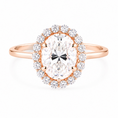 Anillo de compromiso de halo de moissanita ovalado de oro rosa de 14k para mujer