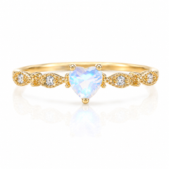 Dainty art deco style 14k yellow gold heart cut moonstone & diamonds promise ring for her