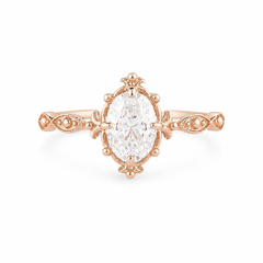 Anillo de compromiso solitario ovalado de moissanita de oro rosa de 14k estilo art déco para mujer
