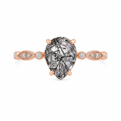 Verlobungsring für Damen aus 14 Karat Roségold im Art-déco-Stil mit 1 Karat Birnen-Schwarzrutilquarz und Diamanten