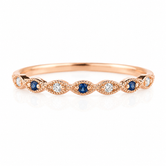 Delicado anillo de media eternidad de zafiro azul y diamantes de oro rosa de 14k para mujer, alianza de boda o anillo apilable