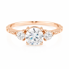 Anillo de compromiso de oro rosa de 14 quilates para mujer con 3 piedras y moissanita redonda de 1 quilate con banda de hoja