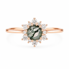 Zierlicher Damen-Verlobungsring aus 14 Karat Roségold mit grünem Moosachat und Diamant-Halo