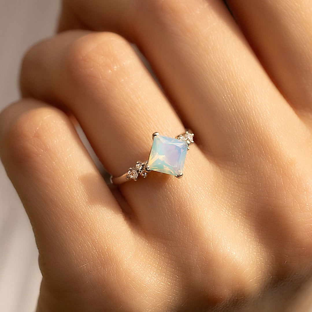 Women unique 925 sterling silver princess cut rainbow blue