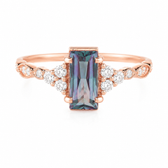 Einzigartiger Verlobungsring für Damen aus 14 Karat Roségold im Vintage-Stil mit Baguette-Alexandrit und Diamanten