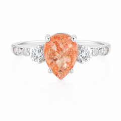 Anillo de compromiso para mujer de oro blanco de 14k único con sunstone en forma de pera y diamantes