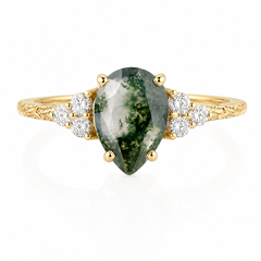Nature inspired 14k yellow gold unique pear moss agate & diamond women engagement ring with leaf band