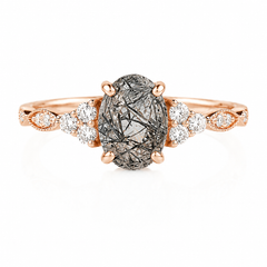 Women unique 14k rose gold black rutilated quartz & diamonds engagement ring