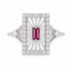 Art-déco-Verlobungsring für Damen im Vintage-Stil aus 14 Karat Weißgold mit Baguette-Rubin und Diamanten