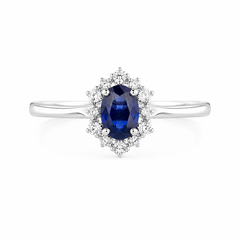Damen Verlobungsring im Art-déco-Stil aus 14k Weißgold mit ovalem blauem Saphir und Diamanten