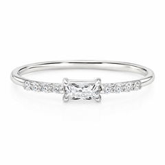 Dainty minimalist 14k white gold baguette diamond promise ring for her