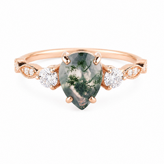 Damen-Verlobungsring aus 14k Roségold mit natürlichem 1-Karat-Birnen-Moosachat und Diamant