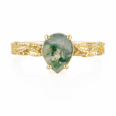 Nature inspired women unique 14k yellow gold pear agate solitaire engagement ring with leaf band