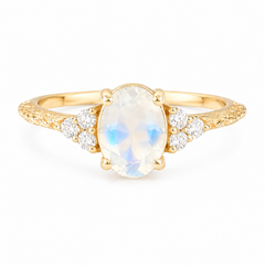 Anillo de compromiso para mujer de oro amarillo de 14k único con piedra lunar ovalada de 1,4 ct y diamantes en clúster