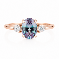 Women unique 14k rose gold 3 stone setting 1.4ct oval alexandrite & diamonds engagement ring