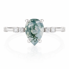 Delicado y elegante anillo de promesa de plata de ley 925 para mujer con ágata musgosa de talla pera y diamantes