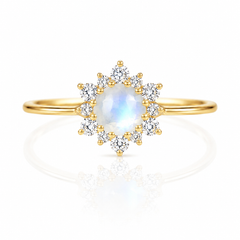 Delicado y elegante anillo de promesa para ella en oro amarillo de 14 quilates con halo de piedra lunar y diamantes, diseño de copo de nieve