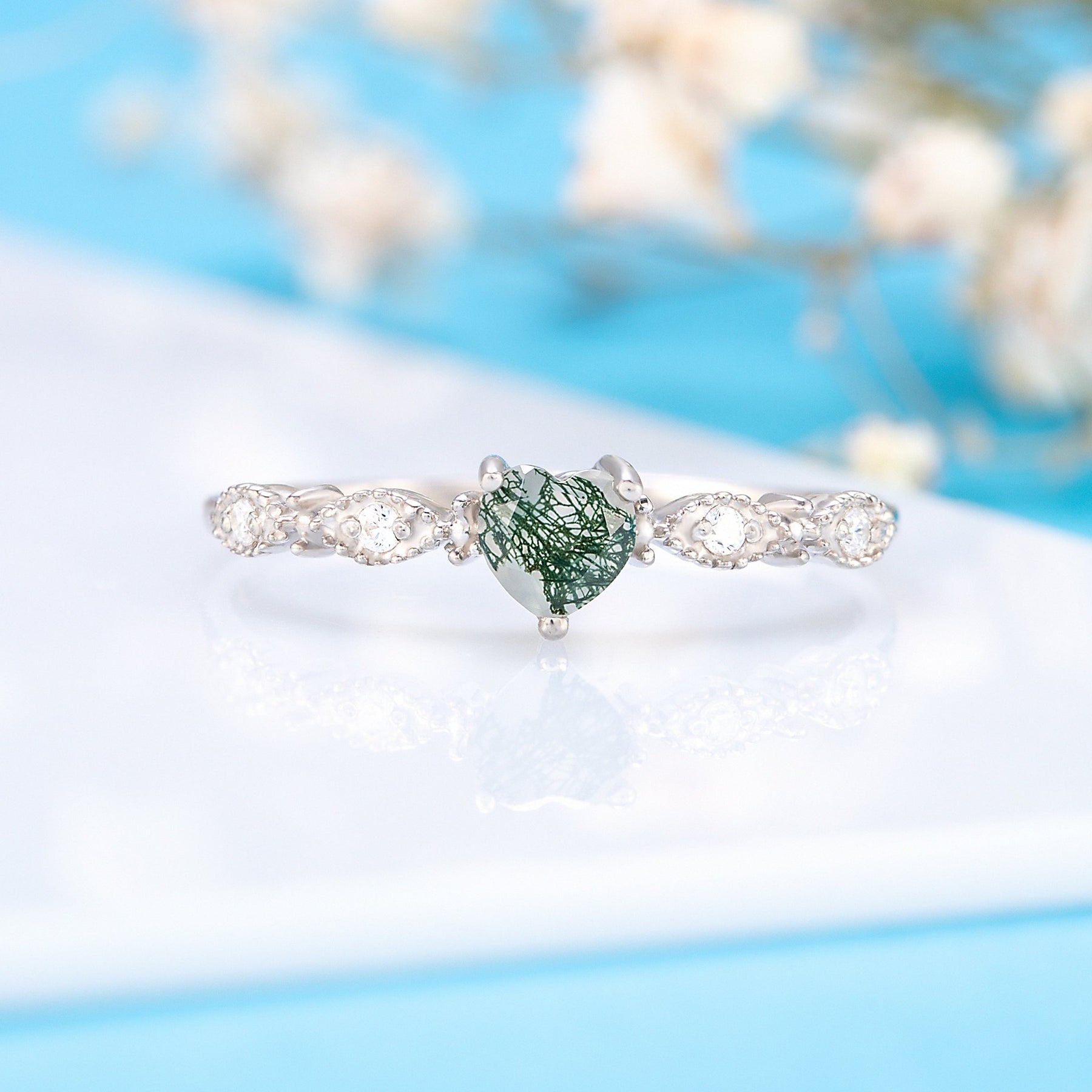 Heart Shaped Green Moss Agate Engagement Ring 14K Rose Gold Twig Leaf Solitaire Wedding Anniversary Ring Women Gift 14K White Gold