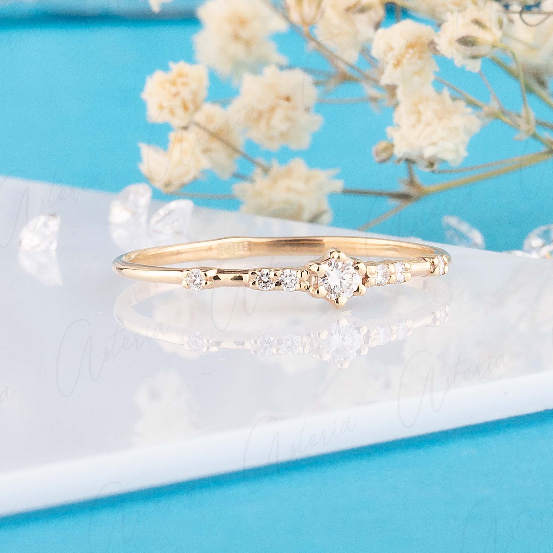 Delicate minimalist 14k yellow gold diamond promise ring for her